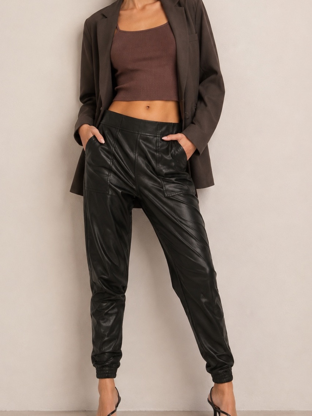Spanx Black Faux Leather High Waist Pull On Trouser Joggers Size Small